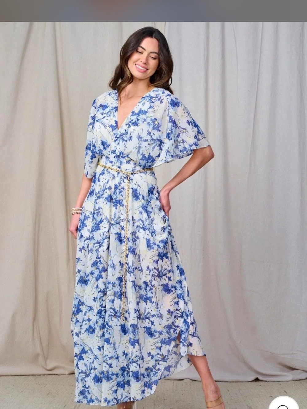 Blue & White Floral Flutter Sleeve High-Low Wrap Dress